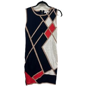 Carmen Marc Valvo Colorblock Sleeveless Knit Sheath Dress Small Navy Red White